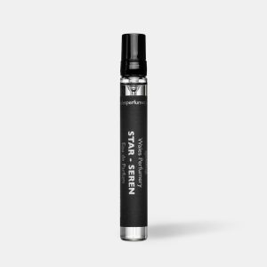 Black travel size perfume atomiser with a black cap and label, standing upright on a plain light grey background.