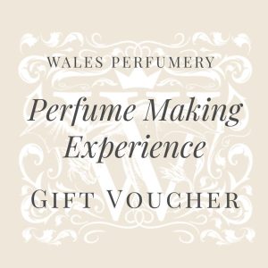 a graphic that has the text 'perfume making experience gift voucher' over the Wales Perfumery W logo