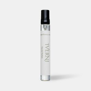 Travel size perfume atomiser with a black cap and cream label, standing upright on a plain light grey background.
