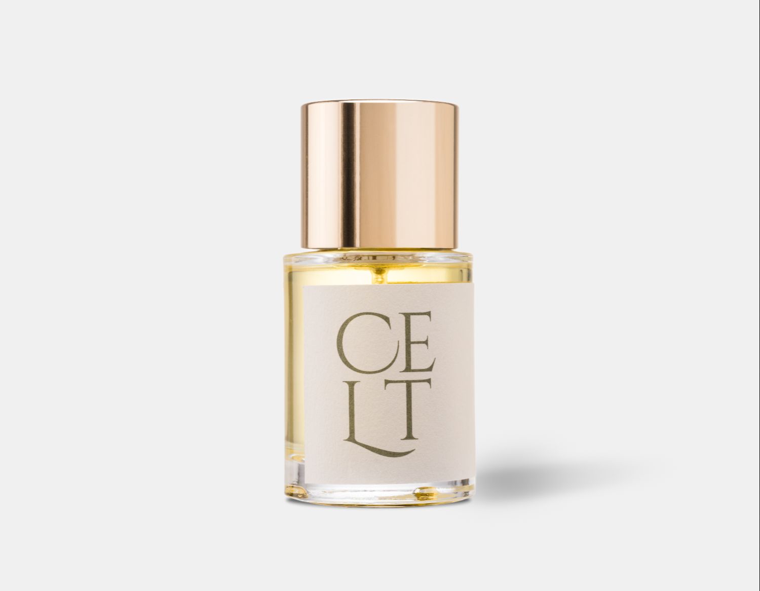 a bottle of parfum, the bottle has a cream label saying celt,