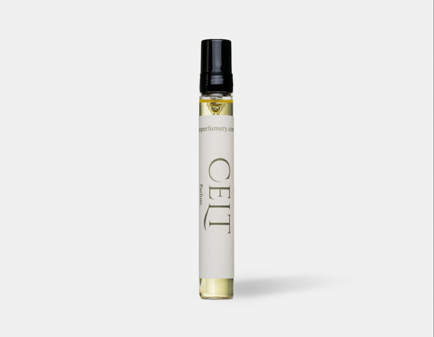 a 7.5ml slim bottle of parfum, the bottle has a cream label saying celt,