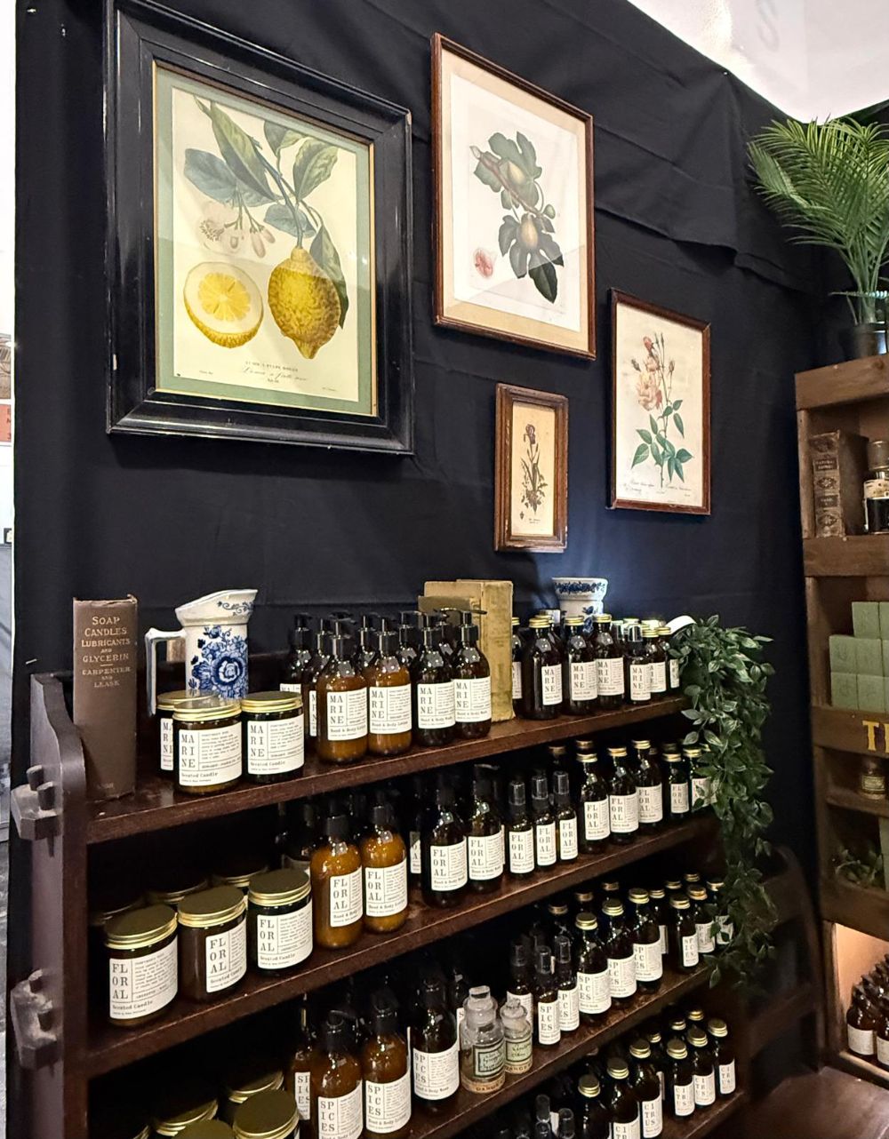 A display of home fragrance products on dark wood shelves, vintage botanical prints hang on the wall above