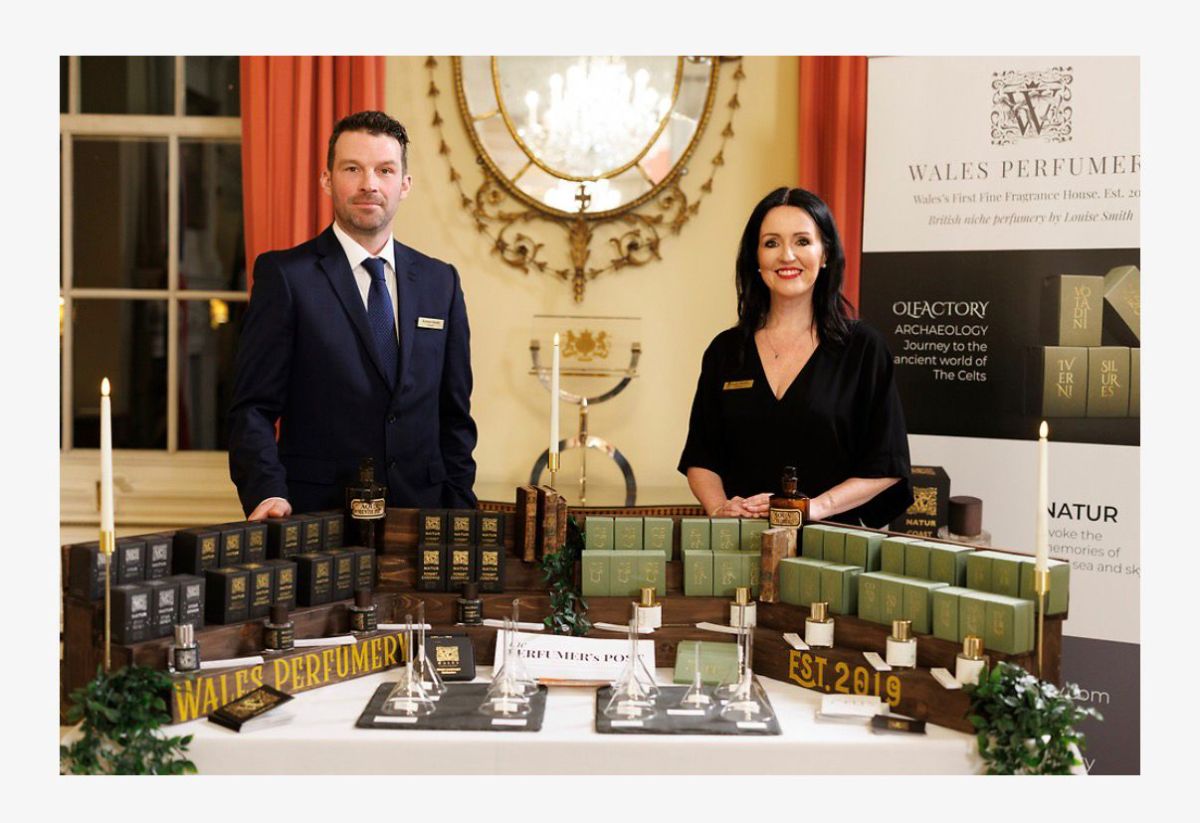 Louise Smith and Kenton, Wales Perfumery, standing behind the product display at the St David's Day Reception inside 10 Downing Street, February 2026