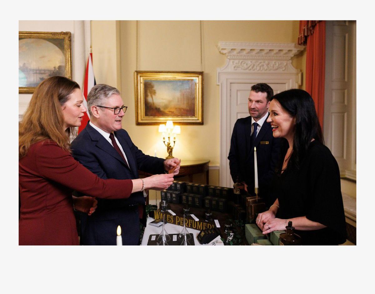 Sir Keir Starmer smelling a Wales Perfumery fragrance at the St David's Day Reception inside 10 Downing Street, with Louise Smith and Kenton, February 2026