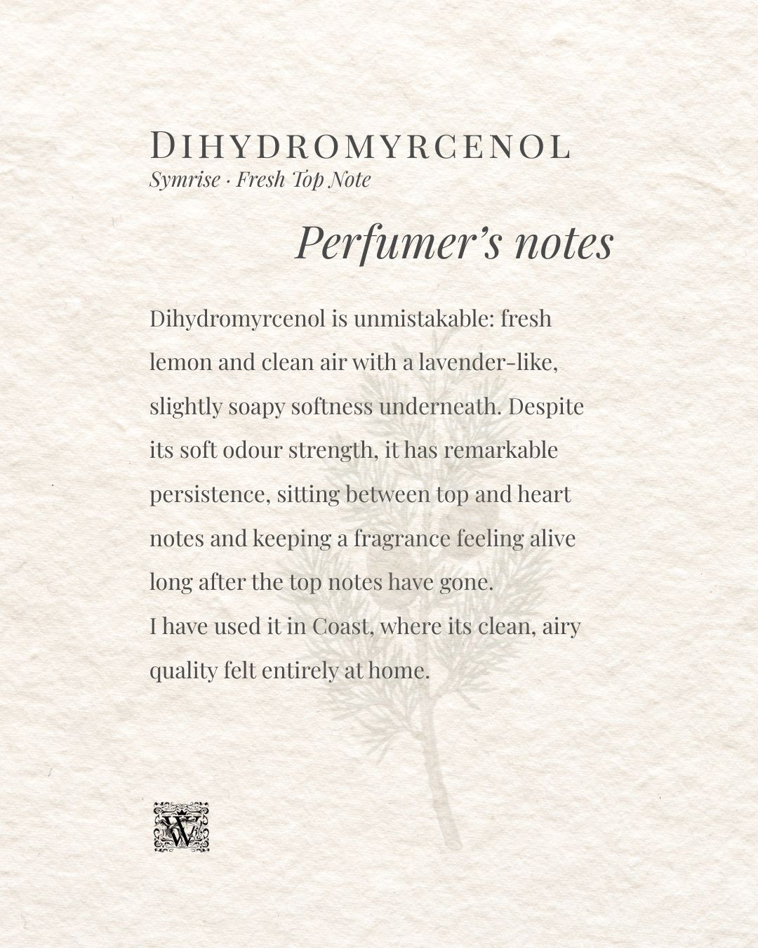 A portrait format information card on a textured cream background. The header reads Dihydromyrcenol with the subtitle Symrise · Fresh Top Note. The italic heading Perfumer's notes appears centred. The body text describes dihydromyrcenol as unmistakable: fresh lemon and clean air with a lavender-like, slightly soapy softness, with remarkable persistence sitting between top and heart notes. A faint botanical illustration of a pine branch sits in the lower right. The Wales Perfumery monogram appears at the bottom left.