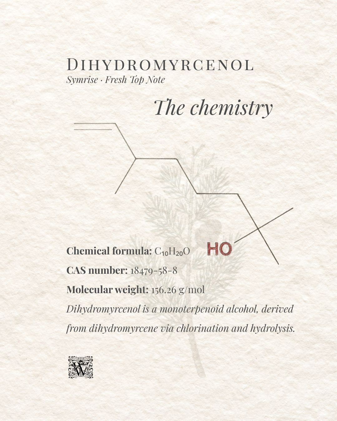 A portrait format information card on a textured cream background. The header reads Dihydromyrcenol with the subtitle Symrise · Fresh Top Note. The italic heading The chemistry appears centred. A skeletal molecular structure diagram is shown with the hydroxyl group labelled HO in dark red. Below, the chemical formula C₁₀H₂₀O, CAS number 18479-58-8, and molecular weight 156.26 g/mol are listed, with an italic note describing dihydromyrcenol as a monoterpenoid alcohol derived from dihydromyrcene via chlorination and hydrolysis. A faint botanical illustration of a pine branch sits behind the diagram. The Wales Perfumery monogram appears at the bottom left.