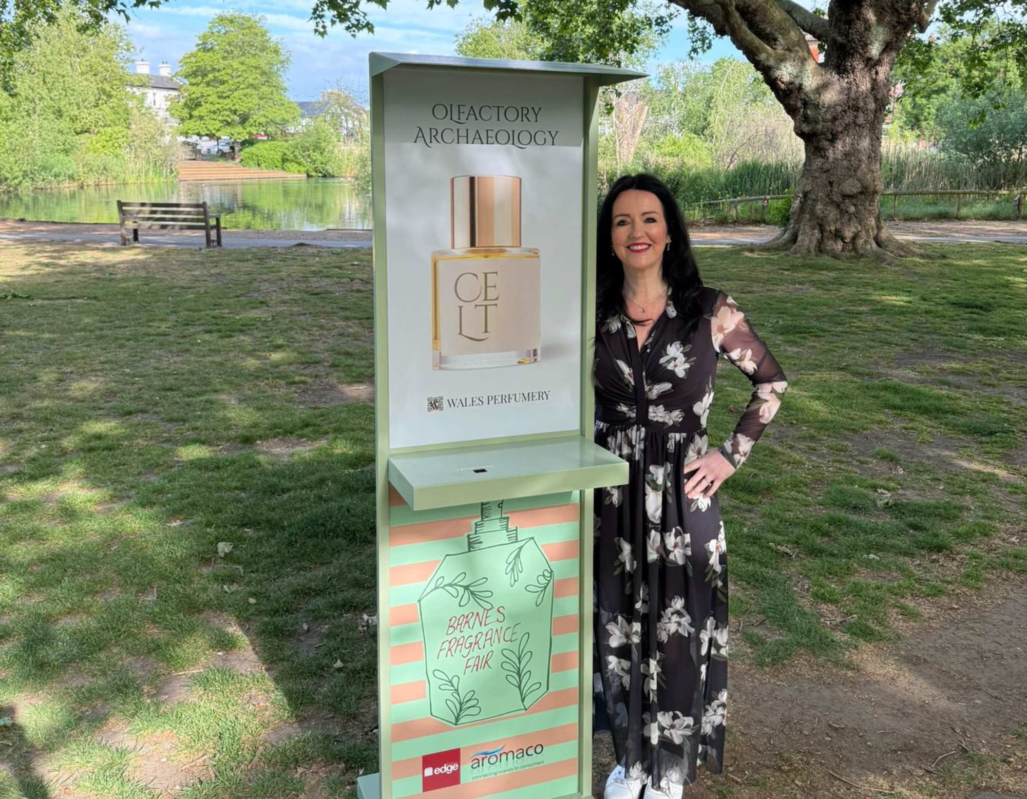 Louise Smith of Wales Perfumery at Barnes Fragrance Fair 2026 beside the Scented Walk installation featuring Parfum Celt