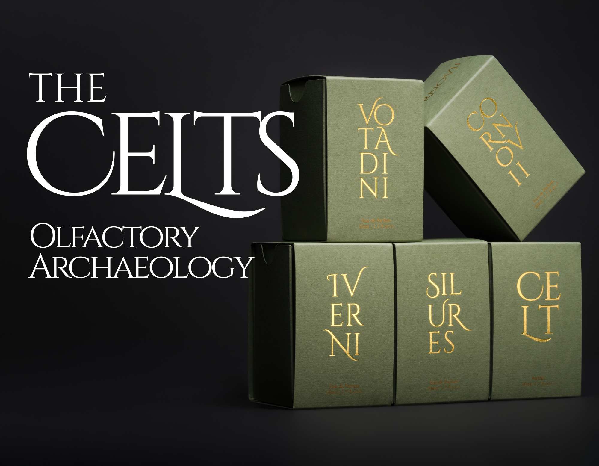 Dark graphic showing stacked olive green boxes labelled with the names of The Celts fragrance collection, with the words Olfactory Archaeology