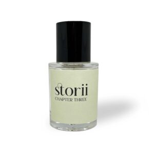 Storii Chapter Three 30ml perfume bottle, sage green label, tall black cap, standing upright on a white background