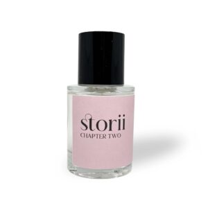Storii Chapter Two 30ml perfume bottle, pale pink label, tall black cap, standing upright on a white background