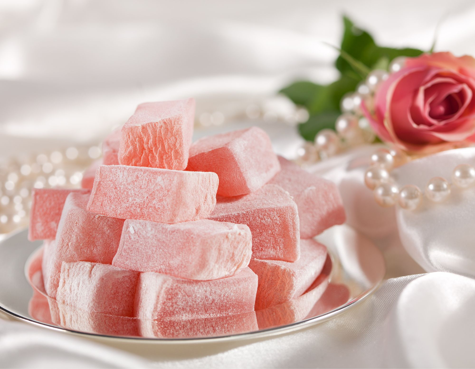 Rose Turkish delight dusted with icing sugar