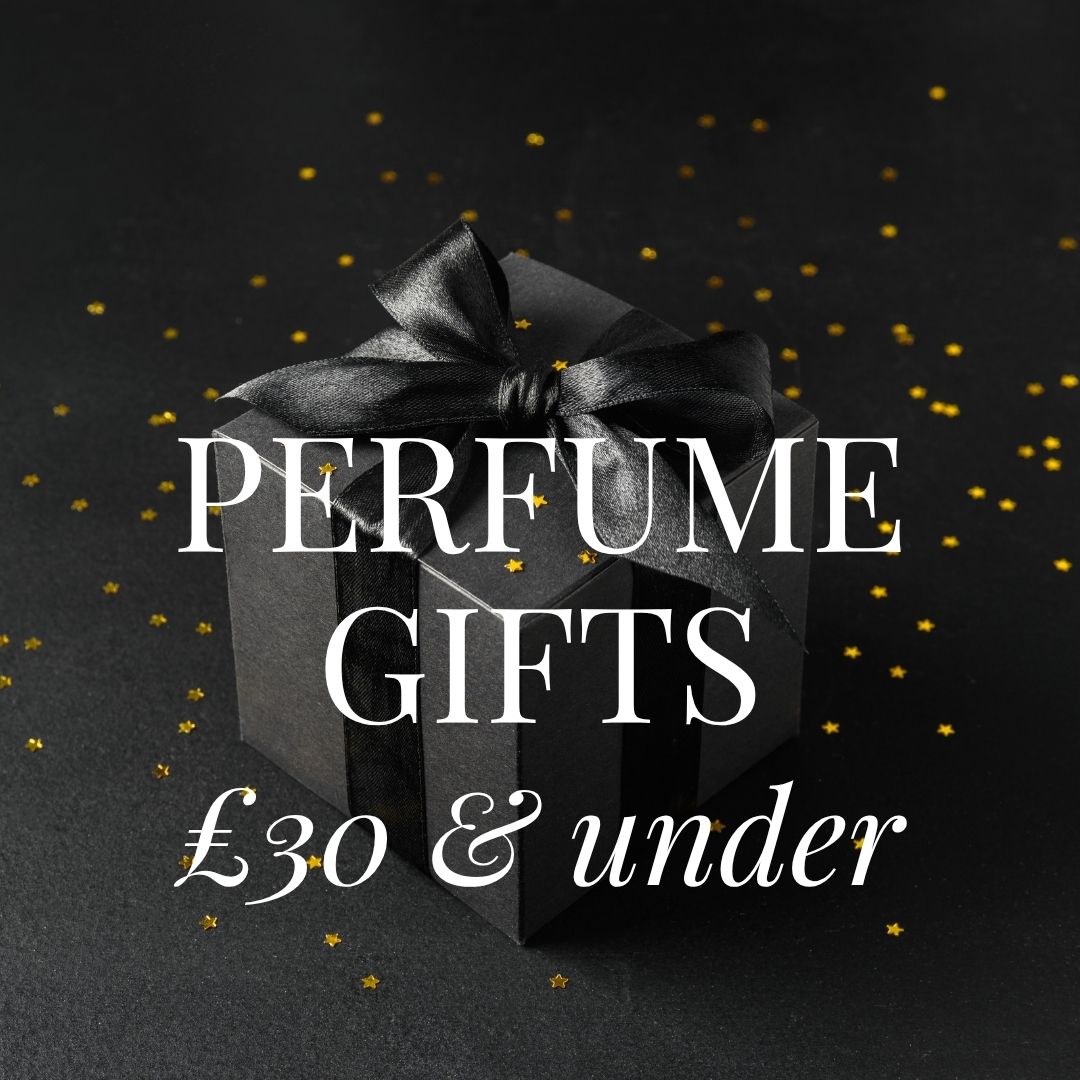 "Perfume Gifts £30 & under" in white lettering over a black gift box tied with a black satin bow, on a dark background scattered with gold sparkles